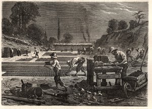 Moulage des Bricques - Lisování cihel - rytina v 
