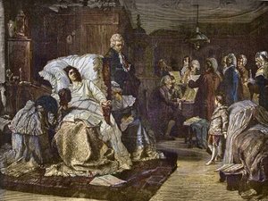 Mozartovy poslední dny po obraze Hermanna Kaulbacha (1846-1909) - Gli ultimi momenti di Mozart - Poslední den od Wolfganga Amadea Mozarta - rytina v proslulém týdeníku "”Populární hudba””” - 1882 od Unknown artist