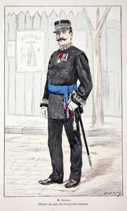 Pan Roudil, mírový referent autoservisu. Barevný lept, pro ilustraci Kniha „Historie sboru mírových jednotek“““ vydaná pod záštitou Louise Lepinea (1846-1933), prefekta policie na Seině, od Alfreda Reye (1864-?) a Lo od Unknown artist