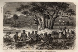 Hudebníci hrající na marimbu (směs balafonu a předkolumbovských nástrojů) na břehu řeky Zambese. Rytina pro ilustraci prvních plaveb Dr. Livingstonea do jižní Afriky v letech 1840 až 1856 v „Le tour du monde, nouveau journal des voyages““ od Unknown artist