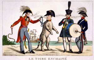 Napoleon I. v řetězovém tygru, který držel britský důstojník s bičem. Rusko a Rakousko hrají hudbu vedle. Kreslený 1815. od Unknown artist