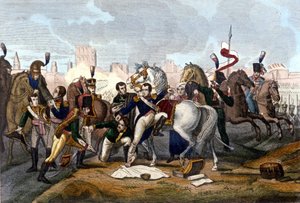 Napoleon I. raněn před Regensburgem 23. dubna 1809. Rytina 19. stol. od Unknown artist
