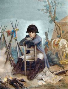Napoleon v bivaku předvečer bitvy u Slavkova - rytina od Philippoteaux - Napoleon v bivaku. Bitva u Slavkova (1805), známá také jako bitva tří císařů