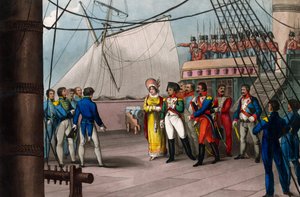 Napoleon se svěřuje britské víře - Napoleon Bonaparte na palubě britské lodi Bellerophon, která ho 15. července 1815 zavedla do vyhnanství v St. Helene (St. Helene) - Napoleon Veliký se vzdal štědrosti britského národa; na kance od Unknown artist
