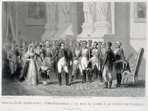 Napoleon svěřuje Impress a jejího syna, římského krále, Národní gardě (23. ledna 1814) - ve „Fasttes de Gardes nationales de France““ od Unknown artist