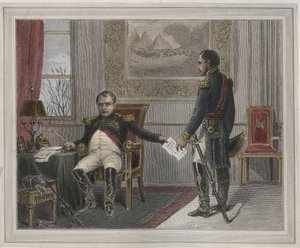 Napoleon podepisuje svou abdikaci 1814 - Napoleon Bonaparte (1769-1821) ve Fontainebleau během své první abdikace, podepsán v dubnu 1814 Rytina v „Les Fastes Populaires, ou Histoire des actes heroiques du peuple et de son influence sur les sciences, le od Unknown artist