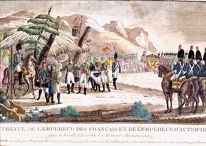 Napoleonská válka: Napoleon I. se setkává s císařem Františkem II. po bitvě u Slavkova dne 2. 12. 1805. Rytina 19. století. od Unknown artist