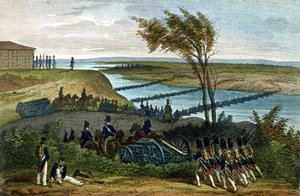 Napoleonská válka: Ruské tažení. Průchod řeky Niemen (Dnjemen) dne 24. 6. 1812, která odděluje obě říše. Rytina 19. století. od Unknown artist