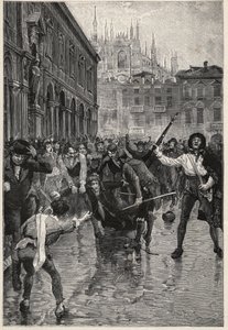 Napoleonova abdikace podporuje nepokoje v Miláně a Giuseppe Prina, neoblíbený ministr financí, je vláčen ulicemi a nakonec zabit davem na náměstí Piazza San Fedele v Miláně, 20. dubna od Unknown artist
