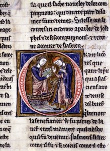 Nascion obdrží knihu (?). Rukopis: Dobytí Saint Gréal, napsaný 717 let po umučení našeho pána. Bibliotheque Municipale de Rennes, ms. 255 (Sbírka románů Kulatého stolu); Paříž od Unknown artist