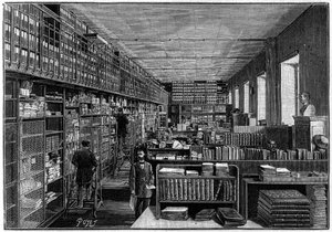 Národní knihovna v Paříži: Kancelář katalogu. Nahoře jsou boxy her. Rytina v „“ La Nature: revue des sciences et de leurs applications aux arts et a l