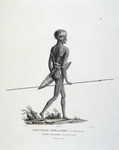 Domorodý North-Gal-Derri z Nového Jižního Walesu z Nového Holandska postupuje do boje – v “”Cesta objevů do jižních zemí”” od pánů Lesueura a Peera od Unknown artist