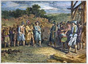Původní obyvatelstvo Ameriky: Indiáni. Osadníci se setkali s Massasoitem (1590-1661), také známým jako Ousamequin „Žluté pírko““, náčelníkem kmene Wampanoag, kolonie Plymouth, roky 1620. Vůdce Wampanoagu Massasoit na návštěvě kolonistů v Plymouthu od Unknown artist