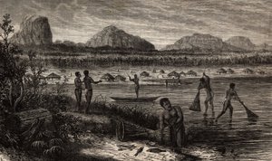 V blízkosti kataraktů Rovuma (Mozambik), rybolovné činnosti ryb. Rytina pro ilustraci prvních plaveb Dr. Livingstonea do jižní Afriky v letech 1840 až 1856 v „Le tour du monde, nouveau journal des voyages““ publikovaném pod vedením od Unknown artist