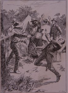 Ned Kelly zabije policejního konstábla Lonigana v Stringybark Creek v roce 1878 (rytina) od Unknown artist