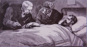 Ned Kelly leží zraněný ve vězeňské nemocnici v Melbourne poté, co byl 28. června 1880 zajat policií (rytina) od Unknown artist