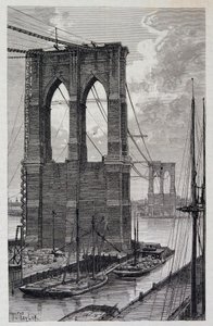 New York: hromady Brooklynského mostu ve výstavbě – v „The World Tour“, 2. semestr 1881 od Unknown artist