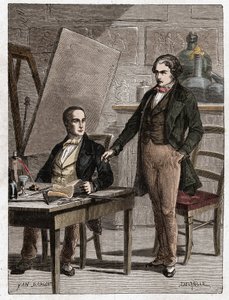 Niepce čte Louisi Daguerrovi lpopis heliografie, pro fixaci obrázků z camery obscury - Nicephore Niepce (1765-1833), francouzský vynálezce, průkopník fotografie čte Daguerrovi popis své metody pro fixaci i od Unknown artist