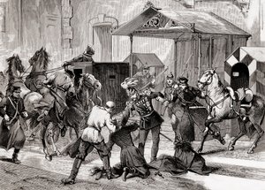 Nihilismus v Rusku - Pokus o atentát na pobočníka z tábora, generála Loris Melikoffa (Loris-Melikoff), za dveřmi jeho hotelu ve Velké Moskaji v roce 1880 - Ruské nihilistické hnutí v 19. století: pokus o atentát na hraběte L. od Unknown artist