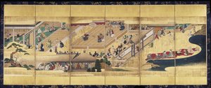 Noh Play: Funa Benkei (inkoust, barvy a zlato na papíře, obrazovka se šesti panely) od Unknown artist