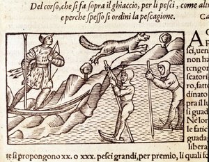 Norští lovci pohybující se přes lyže. rytina Olause Magnuse (1490 - 1557), švédského náboženského a geografa, „Historia de Gentis Septentrionalibus“, Benátky od Unknown artist