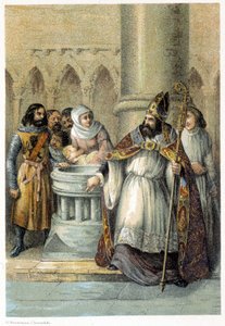 Notger (930-1008), předvečer Lutychu, během křtu Ottona III. (980-1002), německého krále. Chromolitografie 19. století. od Unknown artist