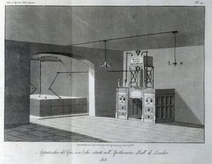 Ropný plynový přístroj umístěný v Apothecaries Hall v Londýně. Talíř převzat z „“Giornale dell