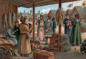 Old Shopping Malls: Fur Fair in Novgorod (Veliky Novgorod), Rusko v 19. století. Chromolitografie konce 19. století od Unknown artist
