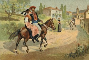Starý zvyk oslavovaný v oblasti Provence: shromáždění Camarguaisů. Chromolitografie konce 19. století. od Unknown artist