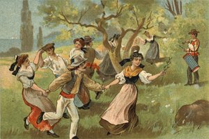 Starý zvyk oslavovaný v oblasti Provence: farandole na slavnosti sklizně bource morušového. Chromolitografie konce 19. století. od Unknown artist