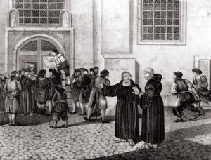 Dne 31. 10. 1517 vyvěsil Luther na brány zámku Wittenberg svých 95 tezí „“ odsuzujících prodej odpustků a které znamenaly začátek reformace - grav. od Unknown artist