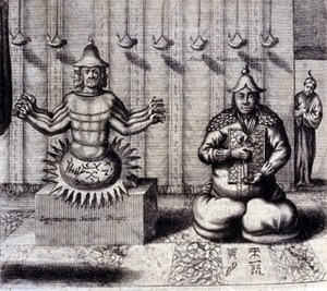 Vlevo má hinduistické božstvo osm paží, vpravo Amida, japonský Buddha. „De China Monumenta“ od Athanasius Kircher (1601 - 1680), jezuita, orientalista a germanista, Amsterdam 1667. od Unknown artist