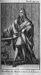 Rytířské řády. Rytíř hory Karmel a svatý Lazar ve Francii v 17. století. In „“ Historie vojenských řádů či rytířů, sekuliérských a regulérních milicí obou pohlaví, které byly ustaveny dodnes. Vydání převzato od abbého Giusta od Unknown artist