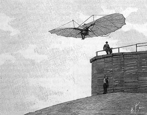 Otto Lilienthal (1848-1896), německý průkopník letectví, seskočil ze své dřevěné věže se svým létajícím letadlem (z okamžité fotografie). Rytina v „“ La Nature: revue des sciences et de leurs applications aux arts et a l