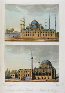 Osmanská říše: Modrá mešita (nebo Sultanahmet Camii) postavená sultánem Ahmetem (Ahmedem) I. a mešita Laleli v Istanbulu – v „“Starověkém a moderním kostýmu“““ od Ferrario, ed Milan od Unknown artist