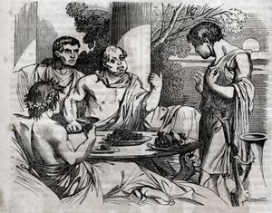 Venkovní banketová scéna - Vitellius (Aulus Vitellius Germanicus Imperator Augustus) Římský císař (15-69) pořádá hostinu - rytina do „“The Universal Health – Medical Guide for Families““ 1852 od Unknown artist