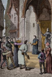 PERKIN WARBECK (c1474-1499) vlámský podvodník; prohlašoval, že je Richard, vévoda z Yorku, druhý ze synů Edwarda Iva – čtení jeho přiznání před Westminster Hall, Londýn od Unknown artist