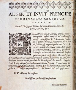 Strana věnovaná Ferdinandovi Rakouskému v partituře Symfonií Ludovica Viadany od Unknown artist