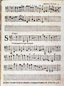 Strana hudební partitury Baletů, francouzské proudy opus 3 od Giovanniho Battisty Vitaliho od Unknown artist