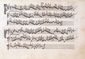 Strana hudební partitury Harmonice Musices Odhecaton od Ottaviana Petrucciho (1501) od Unknown artist