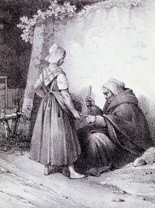 Věštění z ruky: stará věštkyně čte z ruky mladé dívky (rytina) od Unknown artist
