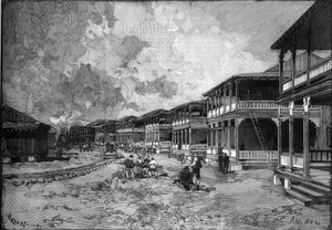 Panamský průplav. Ulice nového města Kryštofa Kolumba a Colon: dělnické bydlení. Gravírování v „“Le Monde Illustré““ od Unknown artist