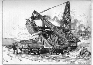 Panamský průplav funguje. Hlavní stroje: rypadlo Osgood. Gravírování v „“Le Monde Illustré““ od Unknown artist