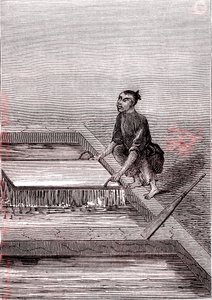 Papírová hmota se stává tekutou, výroba papíru v Číně (3. století př. n. l.) (rytina) od Unknown Artist