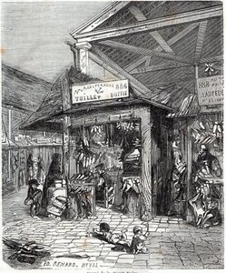 Paříž 3. obvod - Carre de la Foret-Noire: prodej kůže a bot v Le Carreau du Temple v 19. století - rytina v "" Tableau-de-Paris"" od Edmonda Texiera od Unknown artist