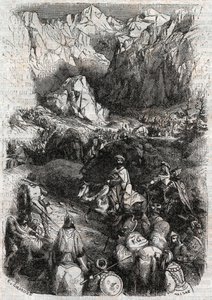 Průchod Pyrenejí Maury – rytina z roku 1851 z „“Zuřivého Rolanda““ (Orlando furioso) (16. století) od Ludovica Ariosta, známého jako Ariosta – vydání přeložené z italštiny hrabětem z Tressanu a vydané Gustavem Harvardem 1851 od Unknown artist