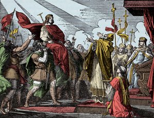 Pepin prohlášen za krále Franků – Sacre of Pepin the Brief (714-768), bazilika Saint Denis, 28. července 754: Papež Štěpán II ho vysvětil králem Franků a Patrice of Romanorum (Patricius Romanorum) od Unknown artist