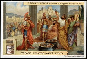 Perikles století (495-429 př.nl): státník a strategie Cimon (510-449 př.nl) je zasažen ostrakismem, v roce 461 př.nl - Liebigova chromolitografie od Unknown artist
