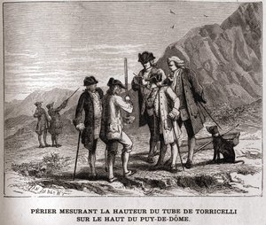 Perier měřící výšku barometru (rtuťové trubice) od Evangelisty Torricelliho nebo Toricelliho na vrcholu Puy-de-Dôme dne 20. září 1618, rytina 19. století, sbírka Bianchetti. od Unknown artist