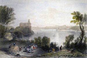 Zámek Persenberg v Německu. V popředí dělníci při práci. Rytina 19. století. od Unknown artist